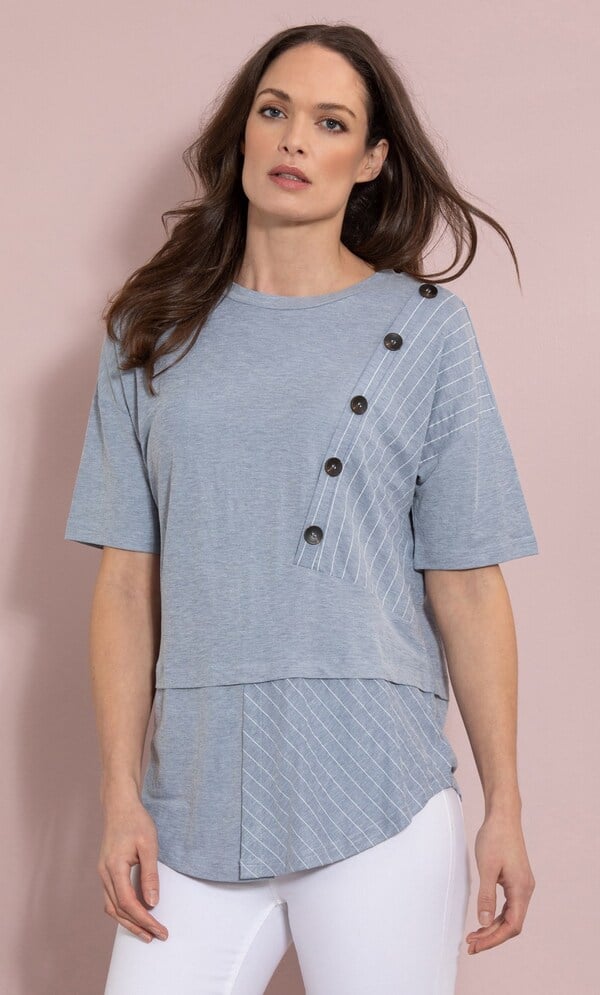 Button And Stripe Short Sleeve Top