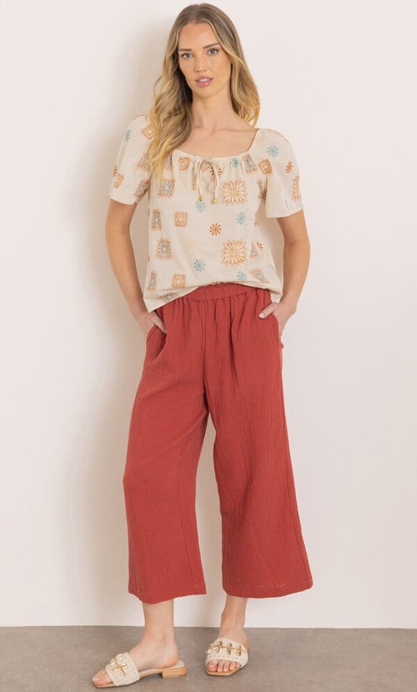 Wide Leg Cropped Cotton Pull On Trousers