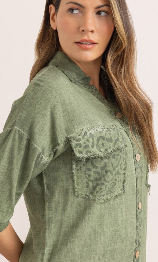 Animal Print And Plain Linen Blend Shirt Dress in Green | Klass