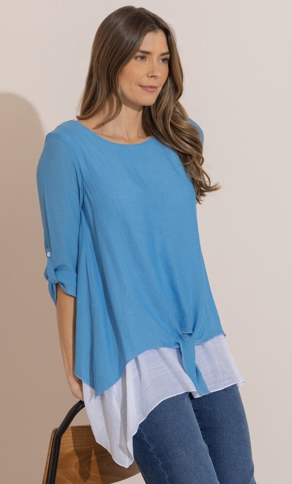 Layered Dipped Hem Tie Front Tunic Top