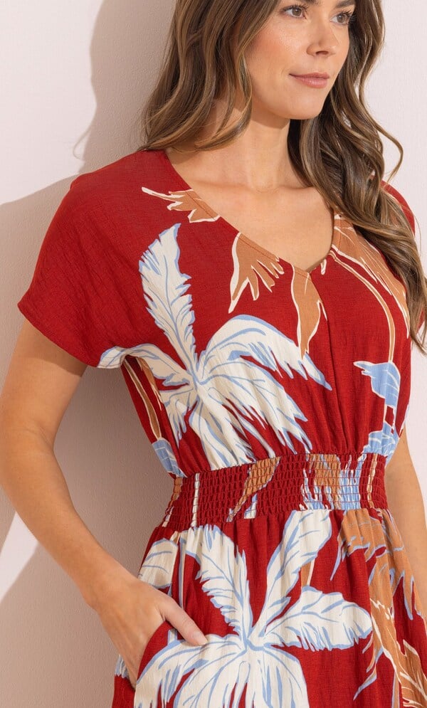 Printed Smocked Waist Midi Dress