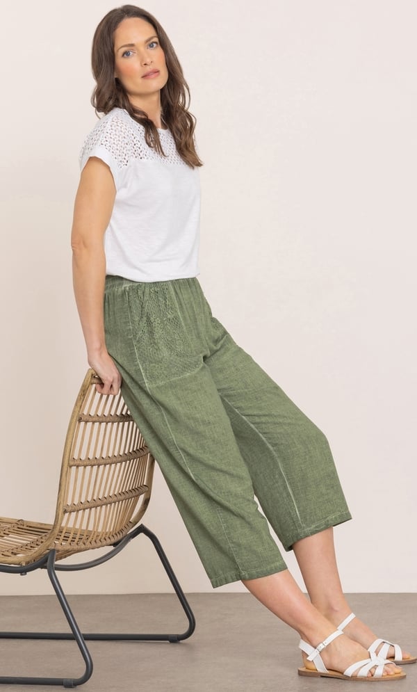 Wide Leg Linen Blend Cropped Trousers