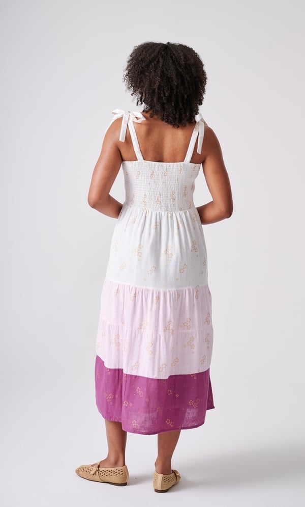 Floral Shimmer Print Smocked Cotton Midaxi Dress