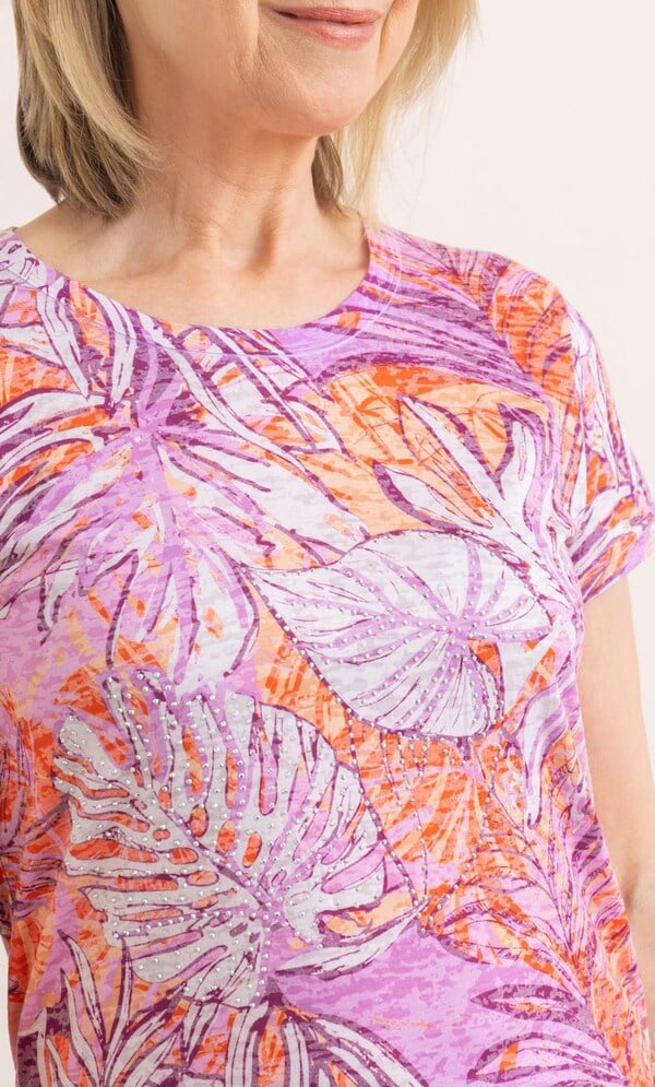 Anna Rose Embellished Leaf Print Top