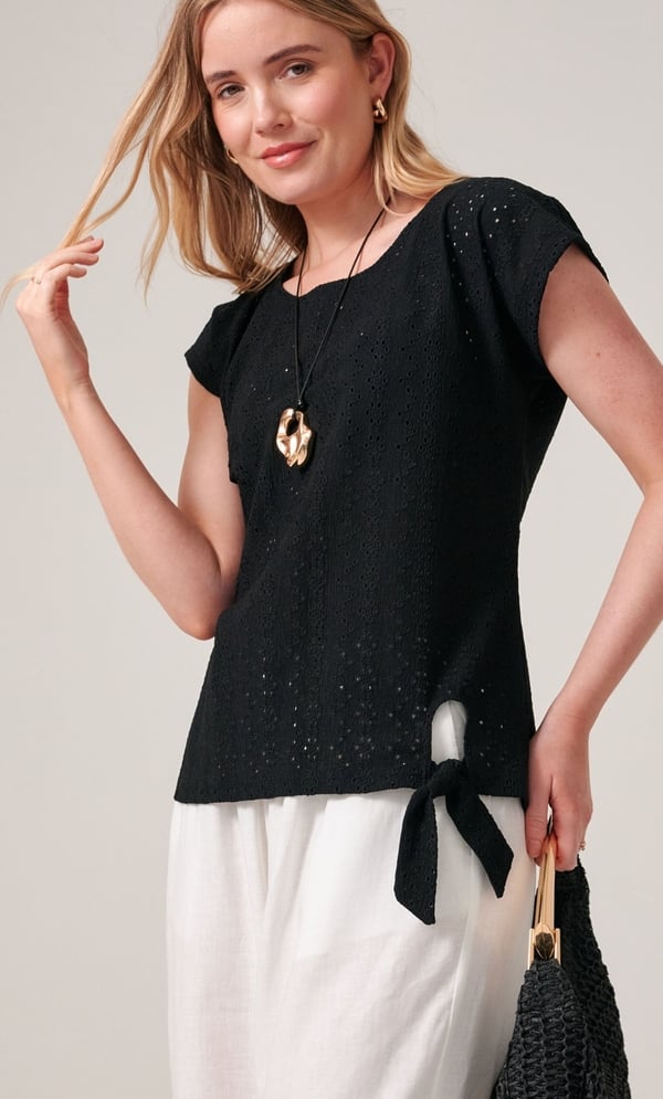 Eyelet Embroidered Tie Front Jersey Top