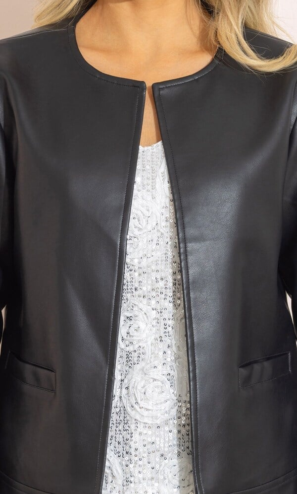 Faux Leather Collarless Jacket