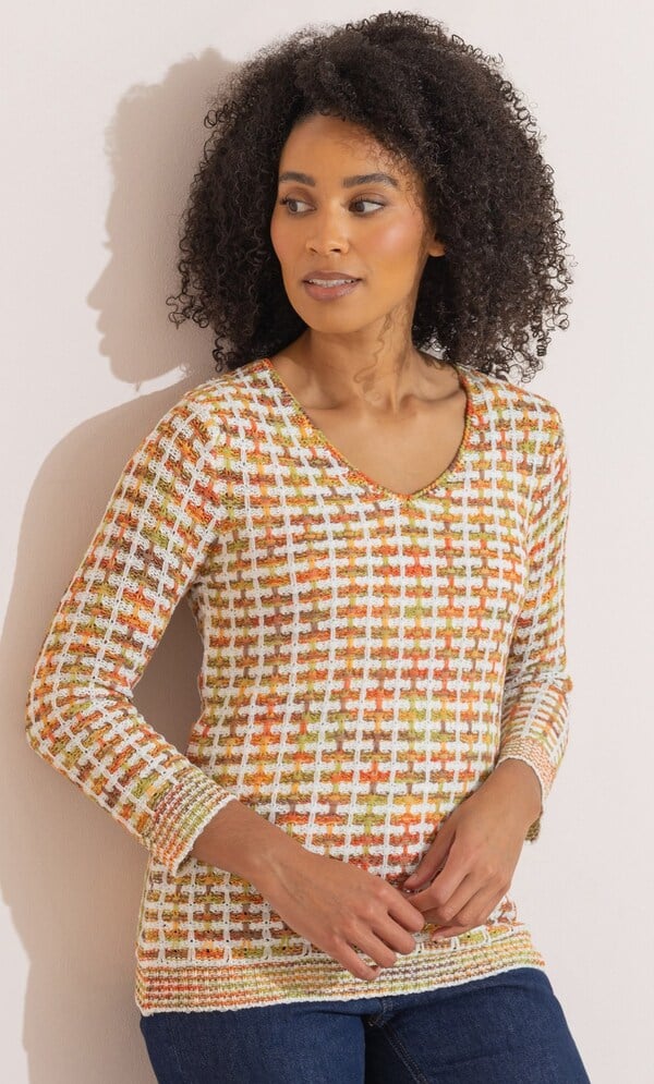 Ribbon Knit V Neck Patterned Jumper