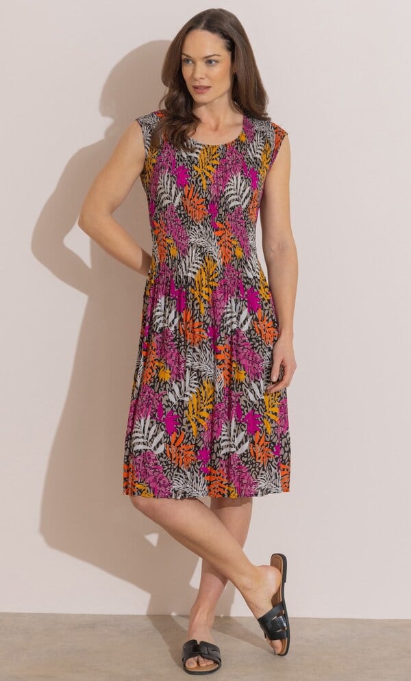 Leaf and Animal Printed Pleated Dress