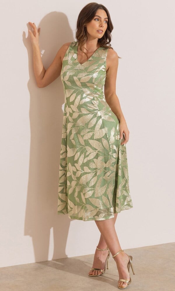 Metallic Leaf Printed Sleeveless Mesh Dress