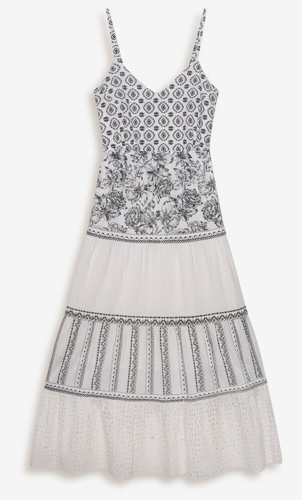 Cotton Blend Panelled Printed Strappy Maxi Dress
