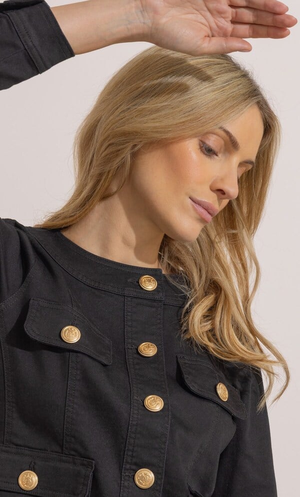 Collarless Cotton Blend Denim Jacket