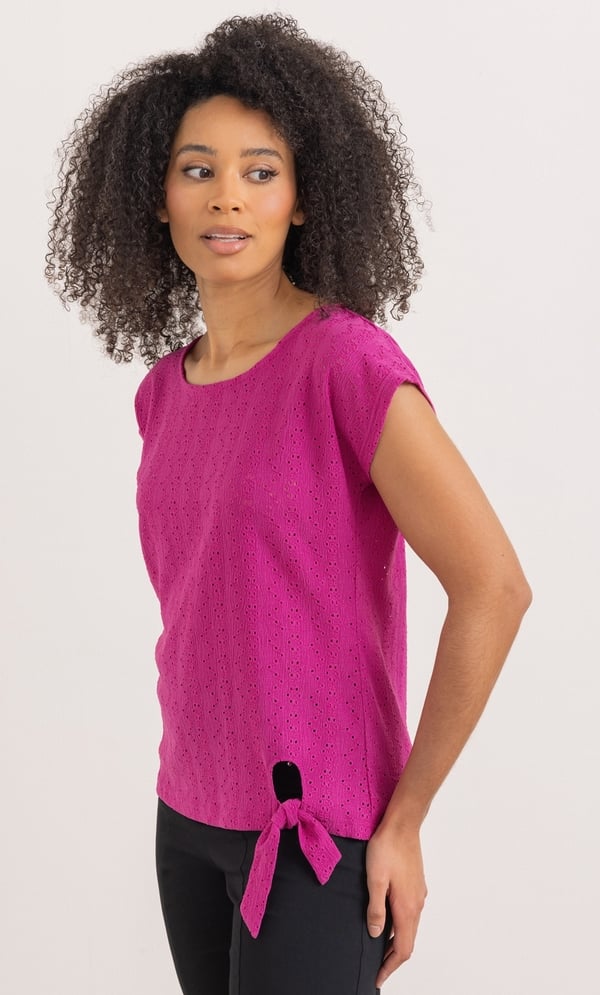 Eyelet Embroidered Tie Front Jersey Top