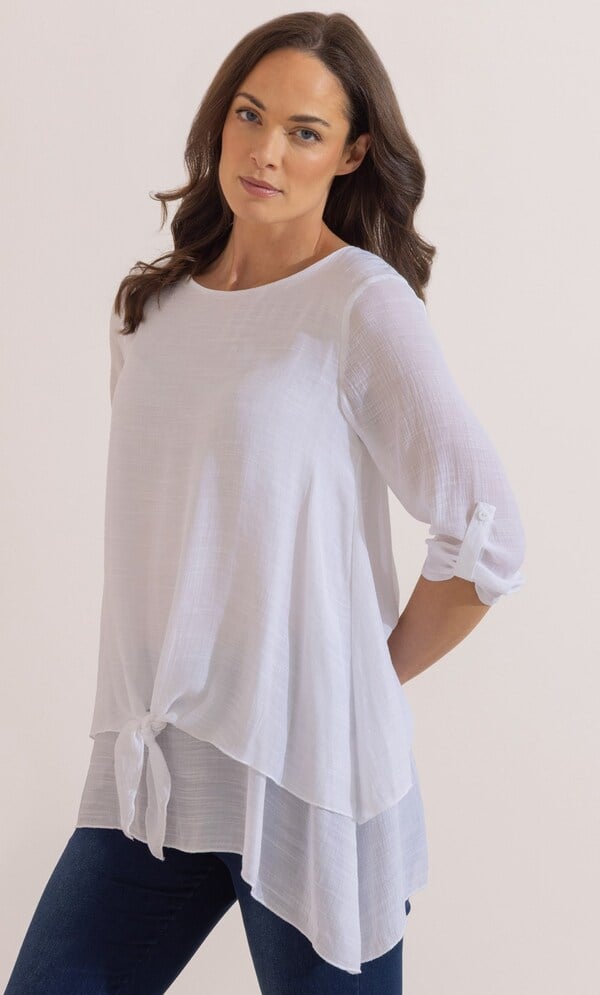 Layered Dipped Hem Tie Front Tunic Top