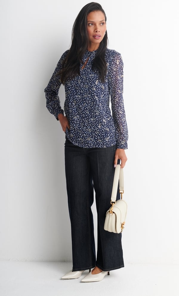 Anna Rose Gold Foil Feather Printed Blouse