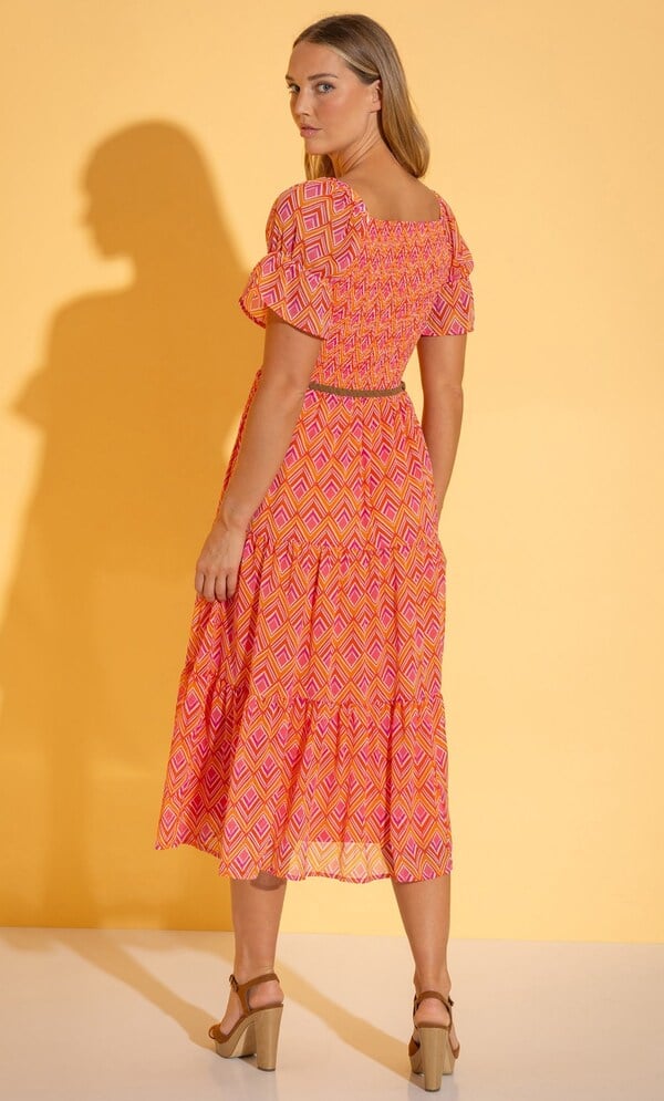 Belted Smocked Geometric Print Midaxi Dress