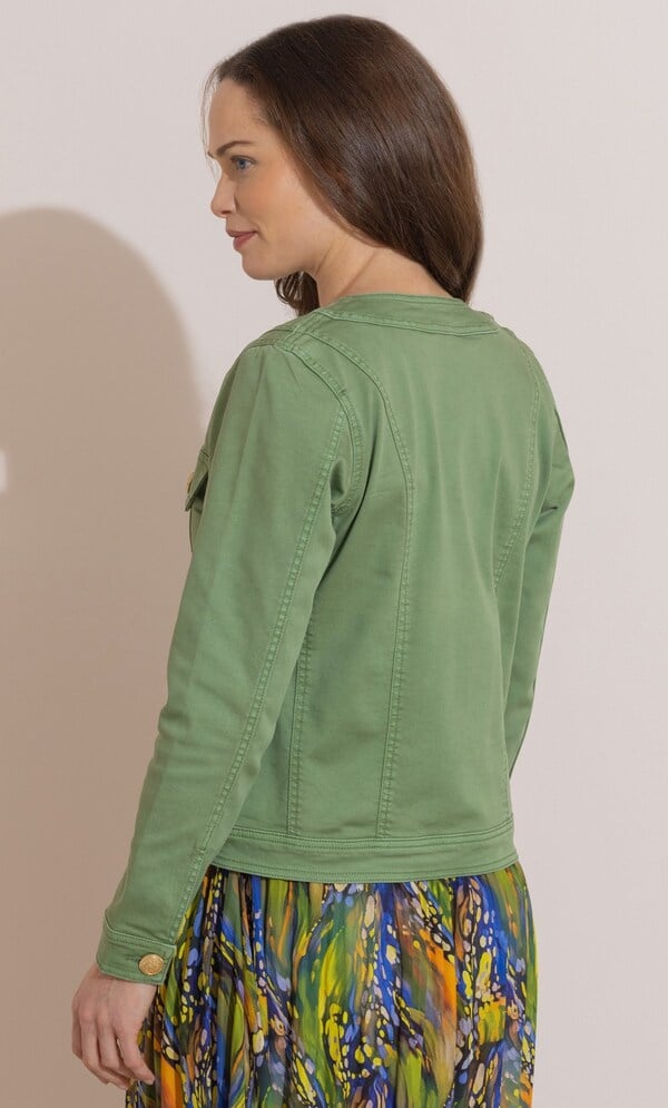 Collarless Cotton Blend Denim Jacket