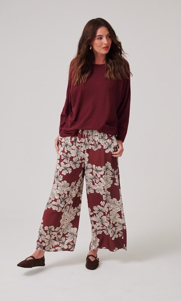 Wide Leg Pull On Floral Print Trousers