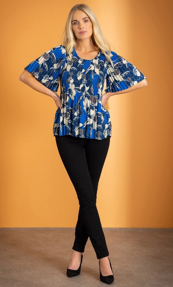 Floral Print Pleated Short Sleeve Top