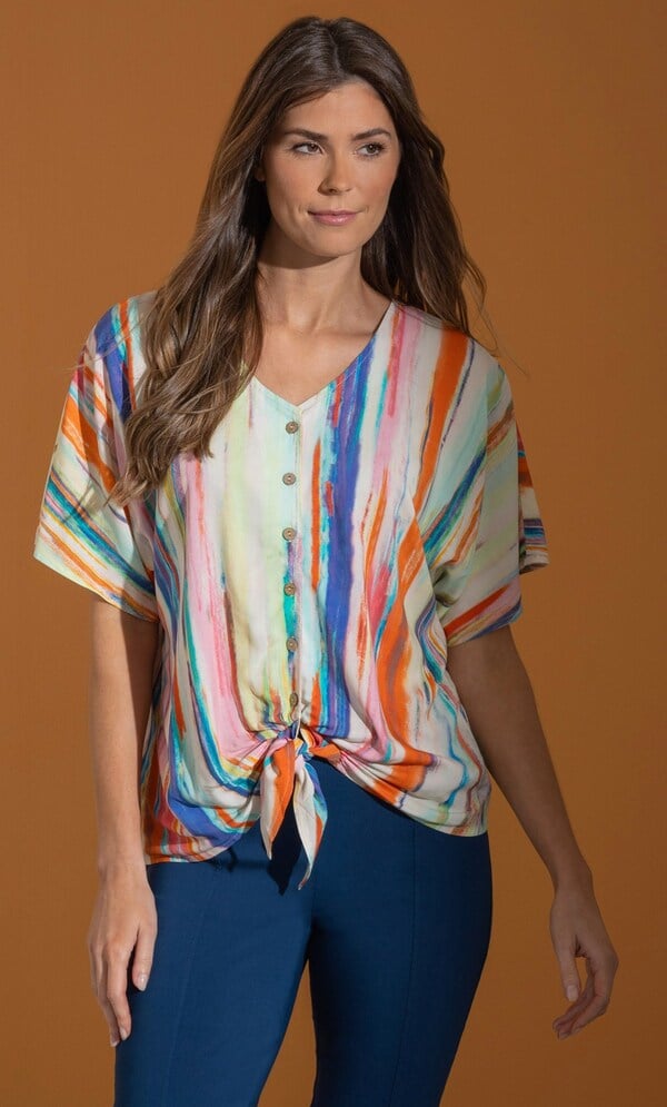 Painted Stripe Tie Front Top in Multi | Klass