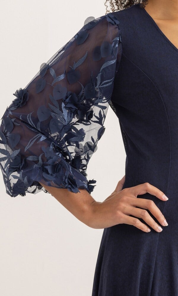 Floral Applique Puff Sleeve Midaxi Mesh Dress