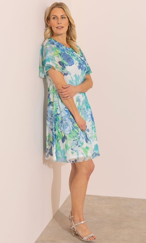 Anna Rose Bias Cut Cape Sleeve Printed Dress