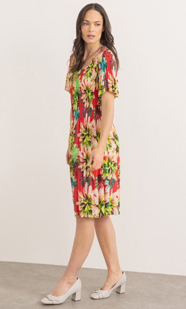 Garden Print Pleated Short Sleeve Dress
