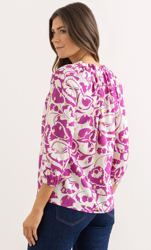 Floral And Foil Printed Tie Neck Top