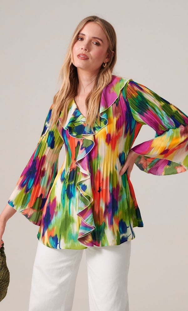 Abstract Print Pleated Ruffle Top