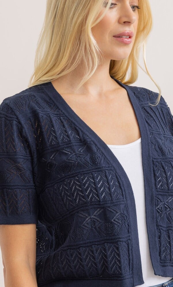 Short Sleeve Cropped Pointelle Cotton Cardigan