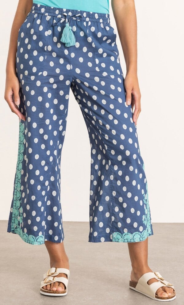 Embroidered Spotty Wide Leg Cropped Cotton Trousers
