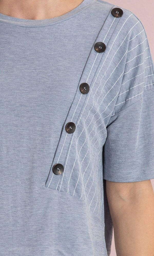 Button And Stripe Short Sleeve Top