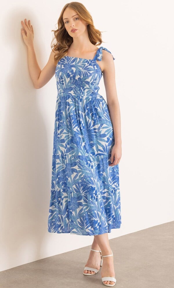 Leaf Print Smocked Maxi Dress
