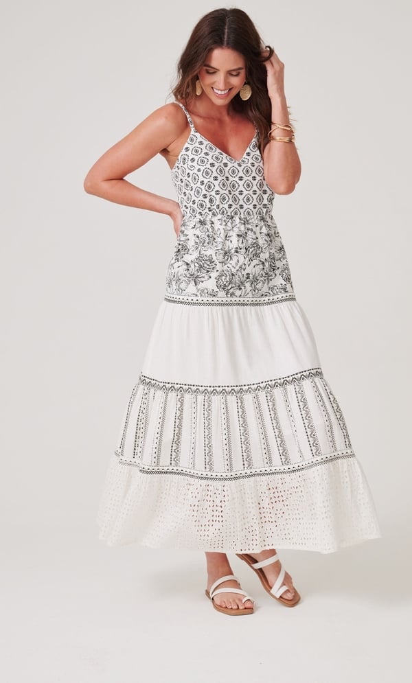 Cotton Blend Panelled Printed Strappy Maxi Dress