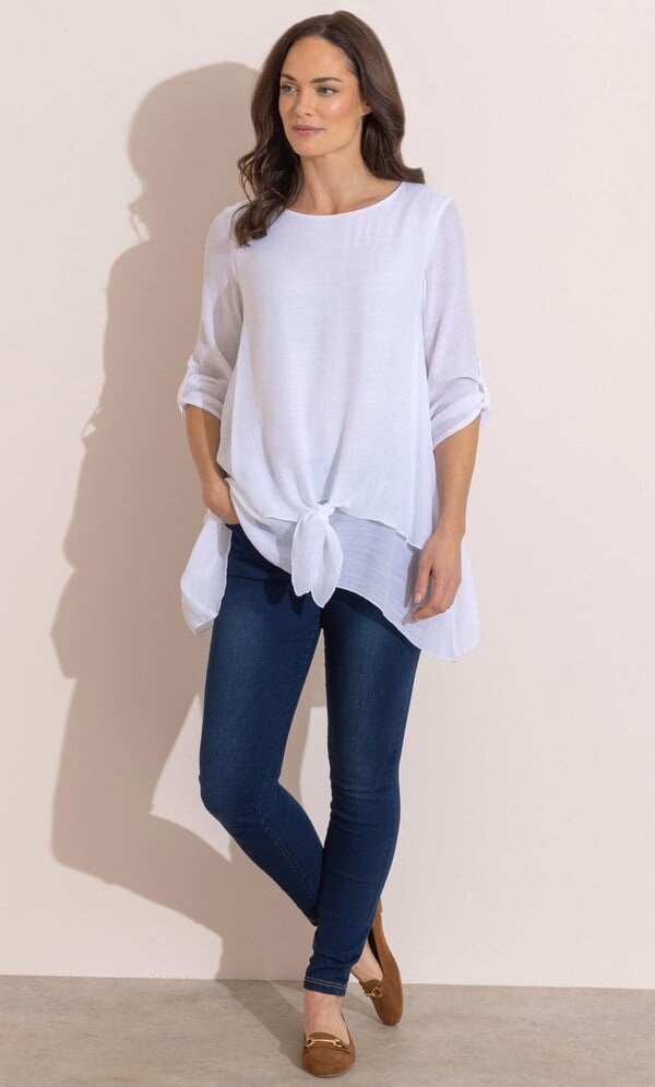 Layered Dipped Hem Tie Front Tunic Top