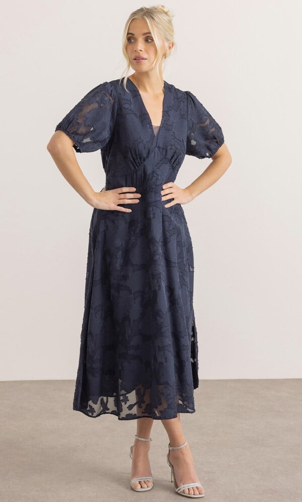 Floral Burnout V Neck Midi Dress
