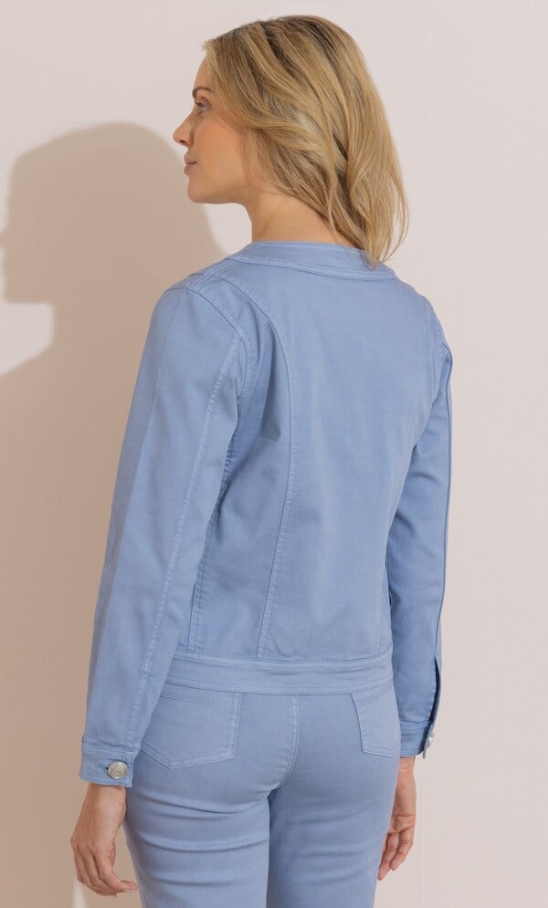 Collarless Cotton Blend Denim Jacket