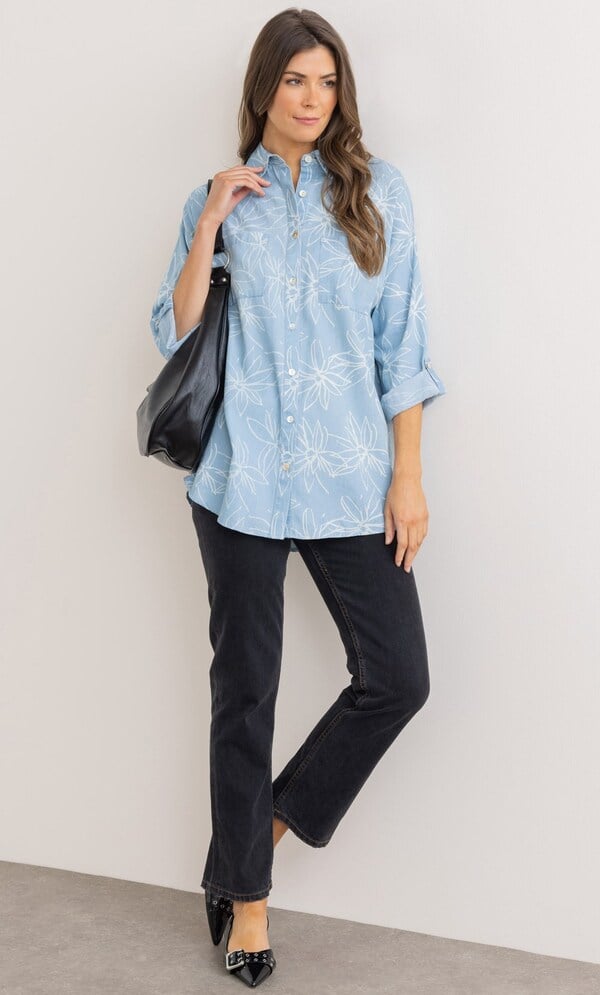 Floral Print Oversized Cotton Shirt in Blue | Klass