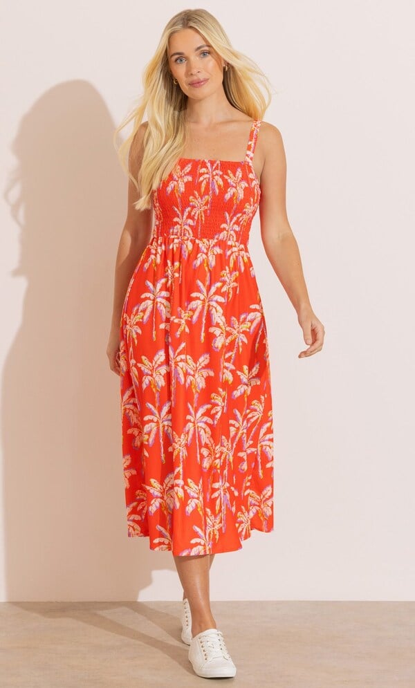 Palm Tree Print Smocked Midi Dress