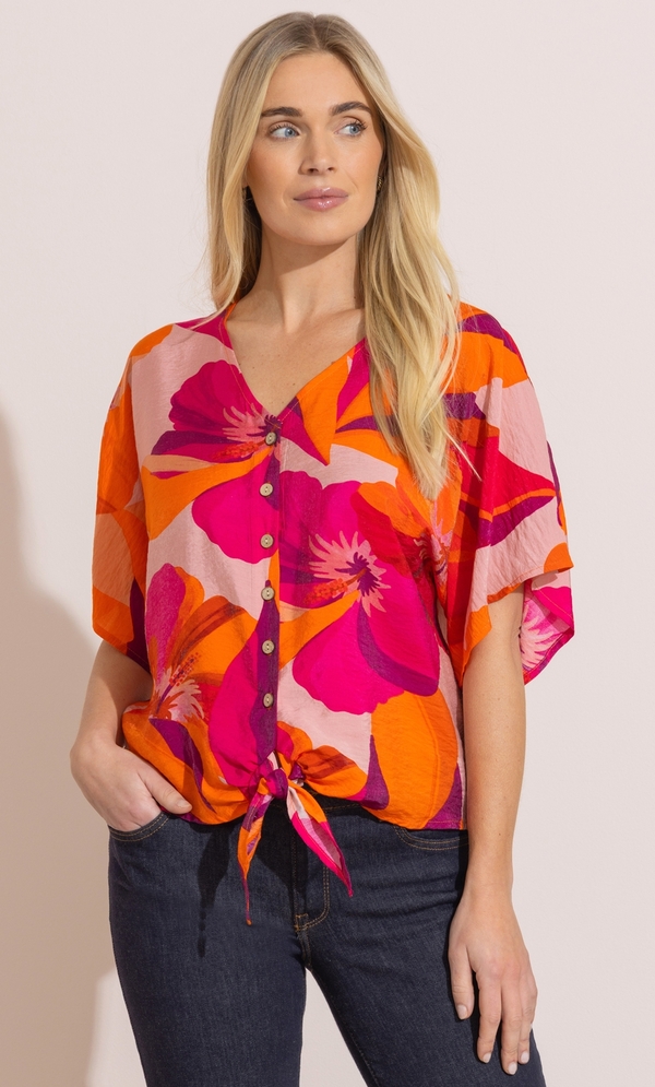 Bold Floral Printed Tie Front Top