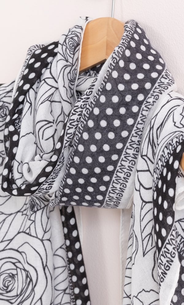 Lightweight Floral Sketch And Spotty Border Printed Scarf