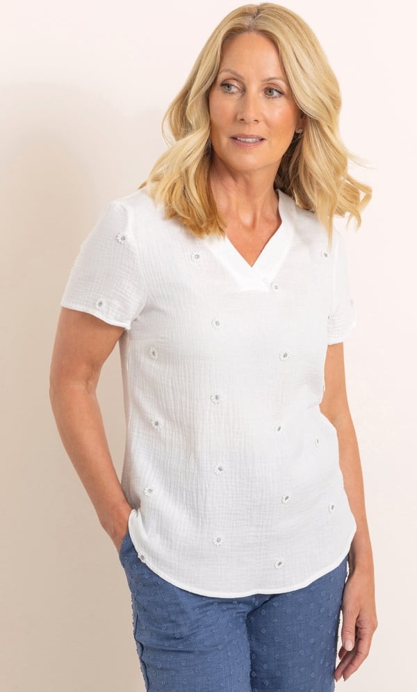 Anna Rose Floral Embroidered Textured Cotton Top