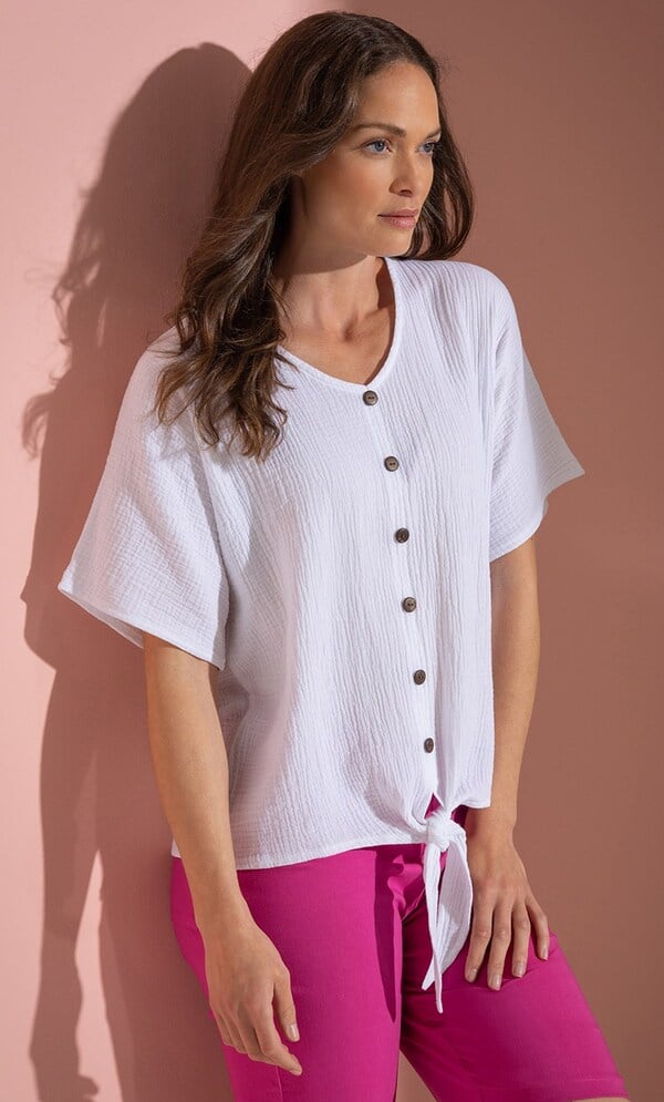 Texture Tie Front Short Sleeve Cotton Top