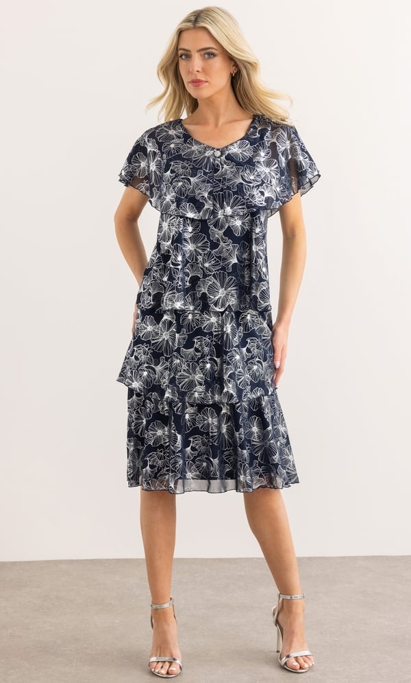 Floral Foil Printed Layered Dress