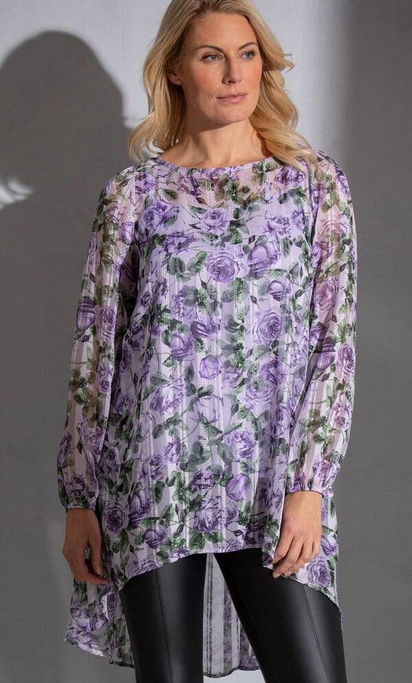 Floral And Stripe Shimmer Dip Hem Georgette Tunic Top