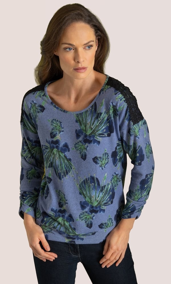 Lace Trim Floral Print Knitted Top