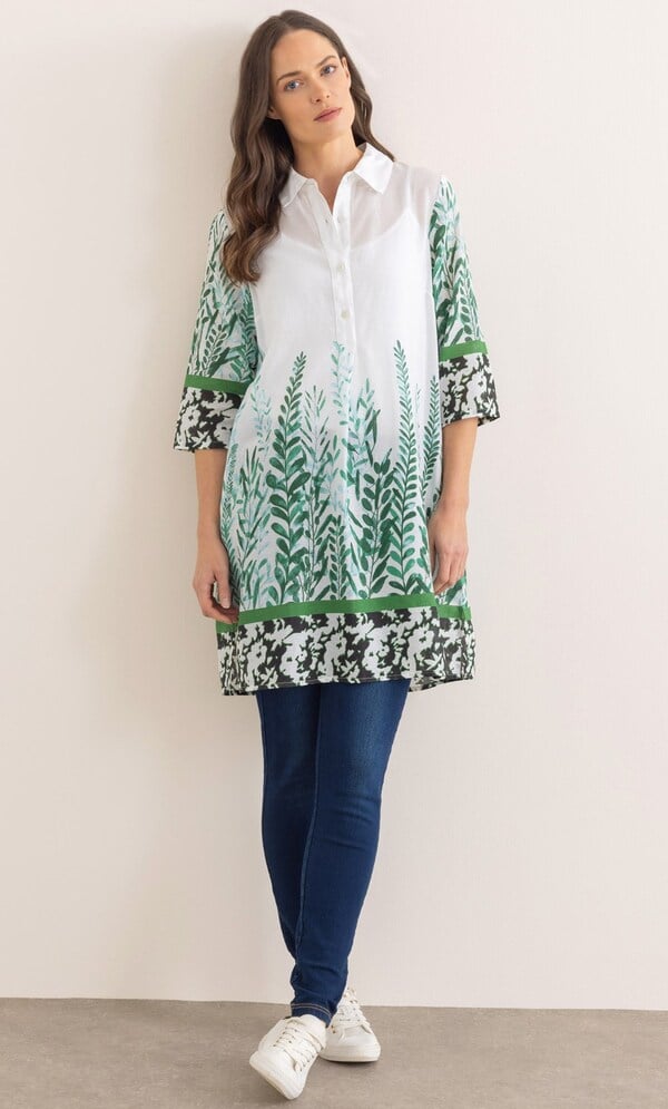 Border Printed Cotton Tunic Top in Green | Klass