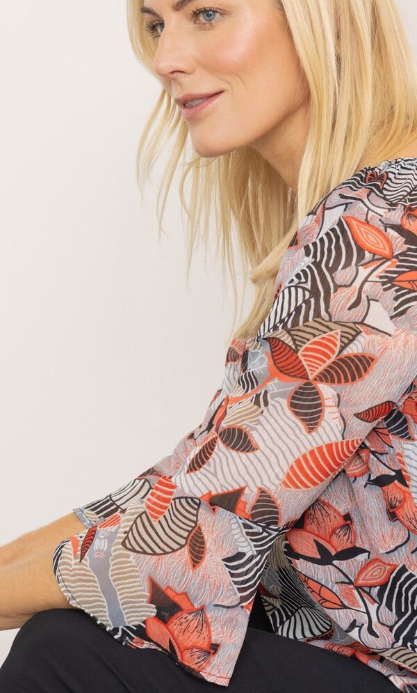 Leaf Print Smocked Hem Top