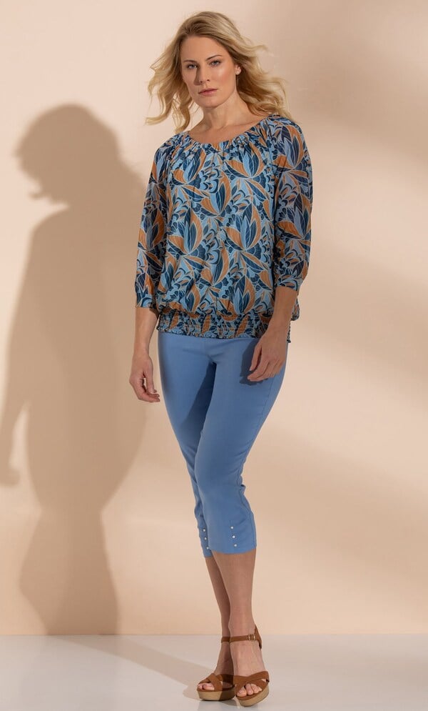 Printed Mesh Smocked Hem Top