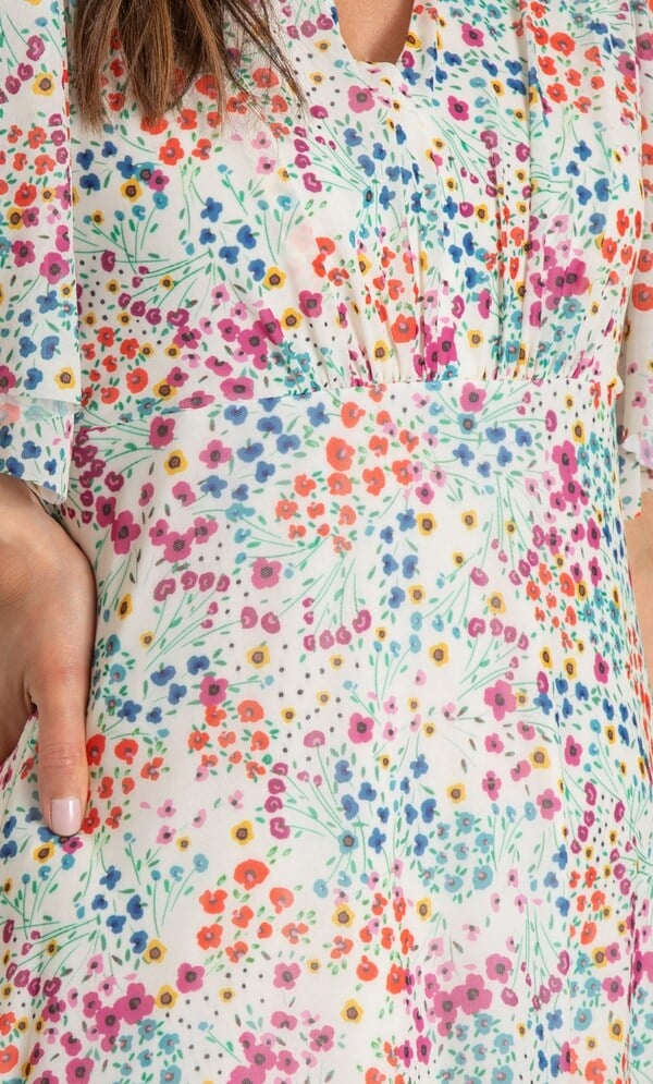 Meadow Print Frill Mesh Midi Dress