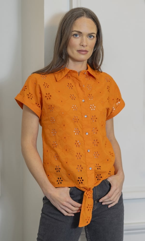 Embroidered Tie Front Cotton Shirt